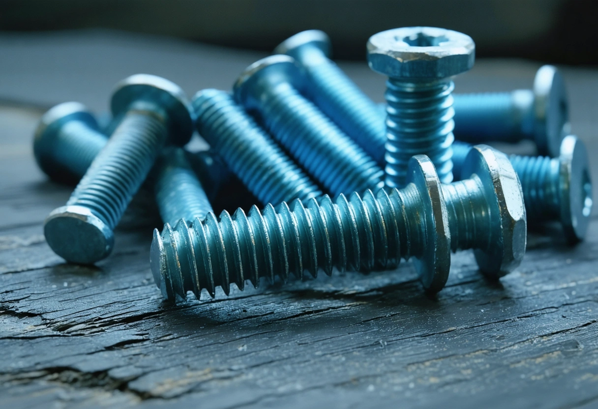 Close-up of anti-corrosion coated screws, focus on shiny surface and coating, studio lighting, high detail,