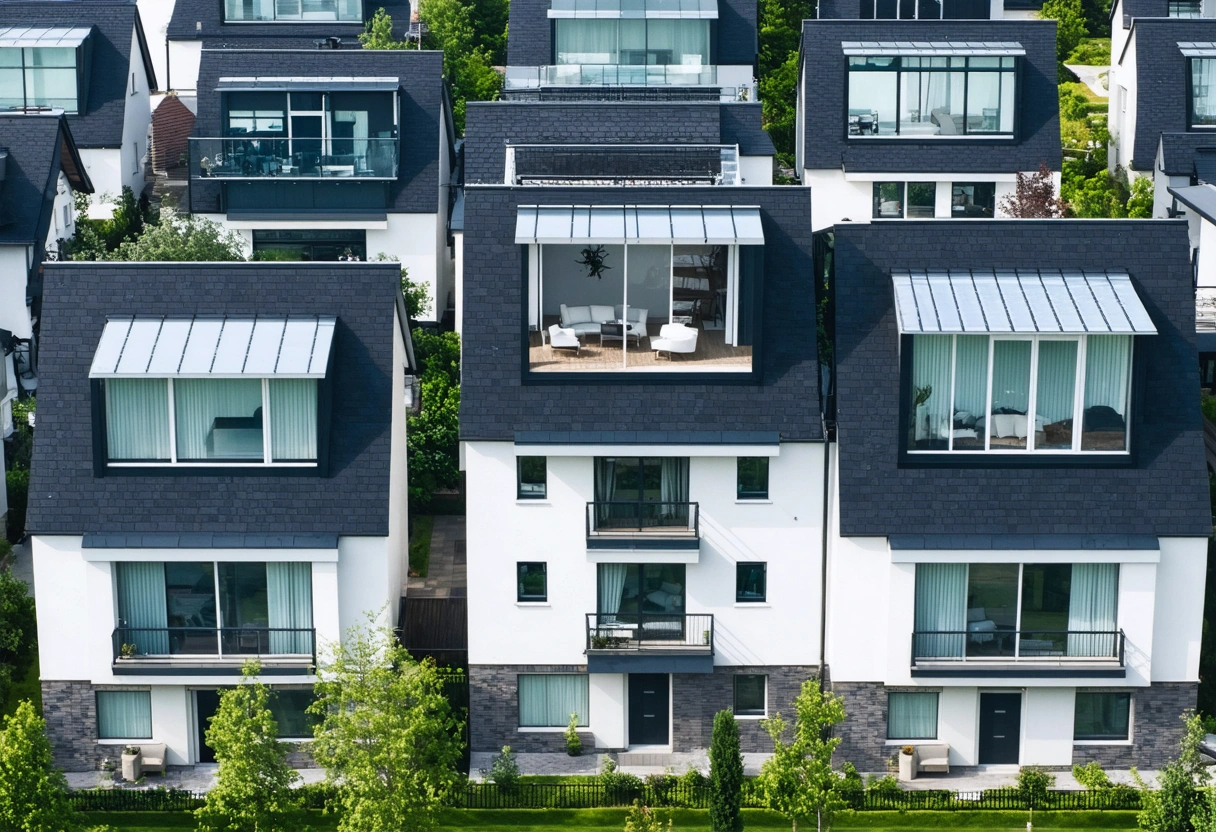 Aerial view of homes with aluminum enclosures in eco-friendly neighborhood.