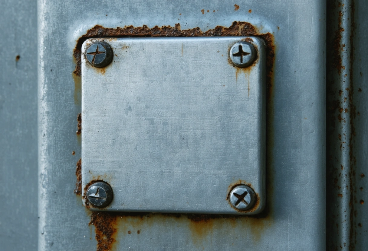 Corroded screws on an aluminum enclosure, showing wear and tear, overcast lighting, macro shot, focus
