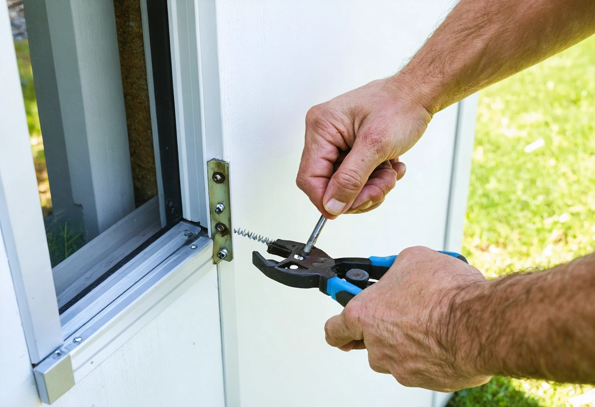 Person replacing screws on an aluminum enclosure, tools visible, natural lighting, focus on hands and