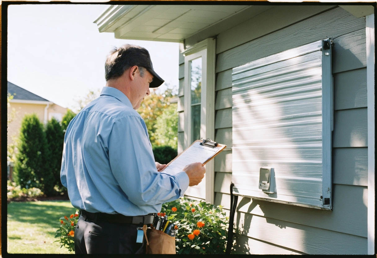 Professional inspecting aluminum enclosure, clipboard in hand, bright daylight, focus on professional attire and tools,