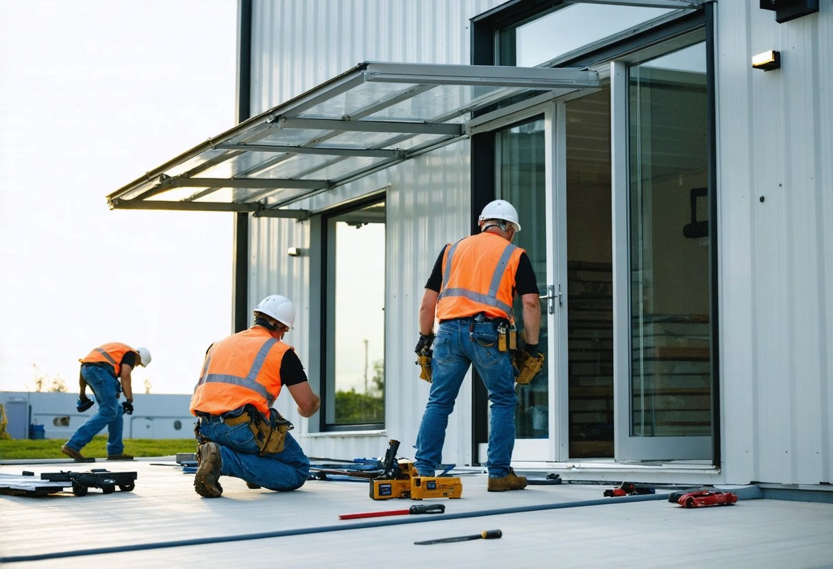 Workers installing aluminum entry enclosure with tools in bright daylight.