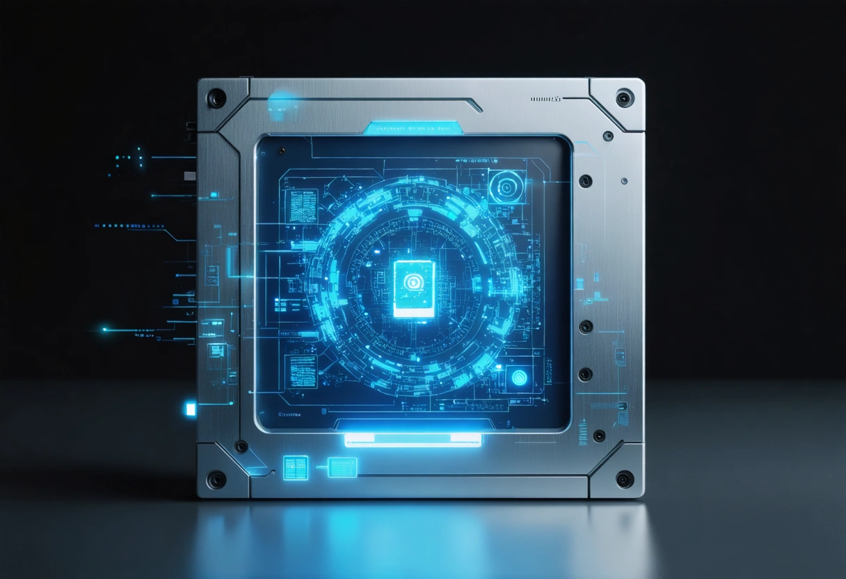 Smart technology sensors on aluminum enclosure, futuristic design, digital interface, ambient lighting, focus on sensor