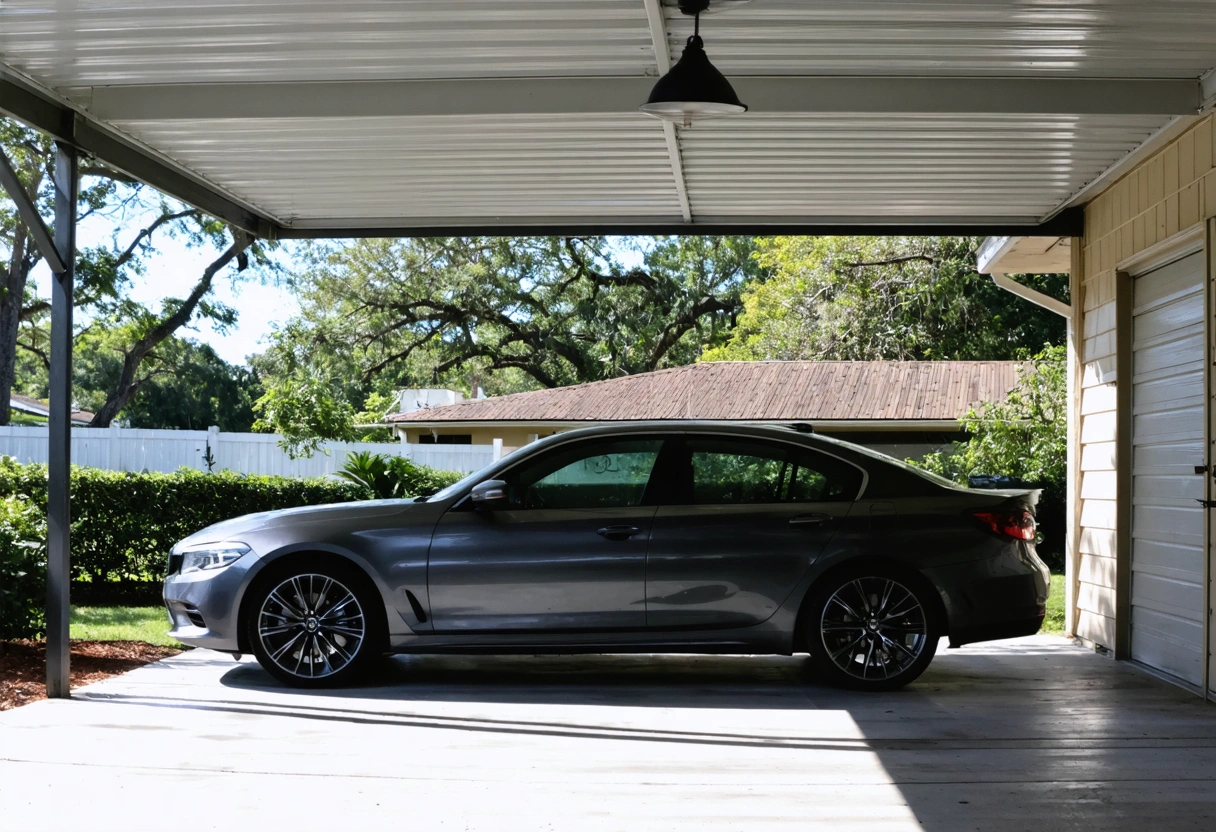 A car under a carport in Deep Creek, Florida, protected from rain and UV rays.