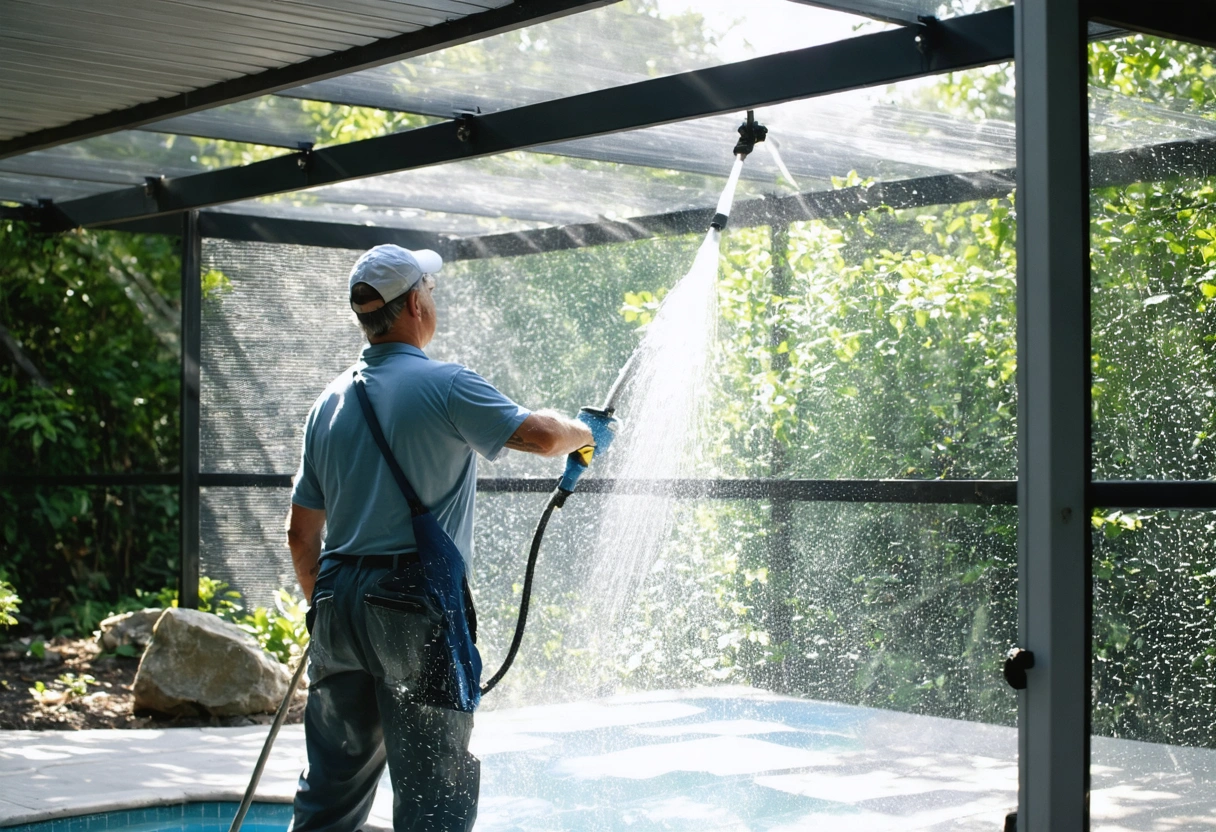 Homeowner cleaning aluminum screen enclosure with garden hose in sunlight