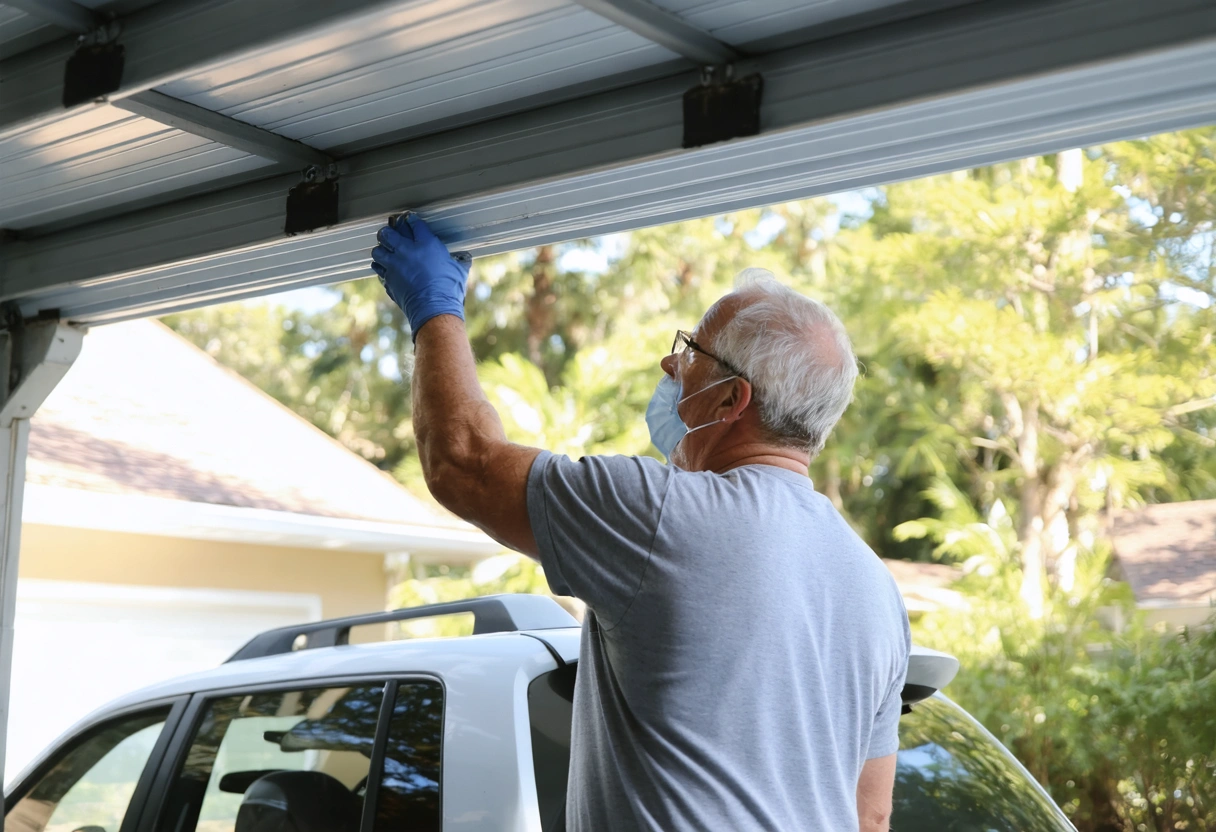 A homeowner inspecting a carport in Deep Creek, Florida, checking structural components for wear. The