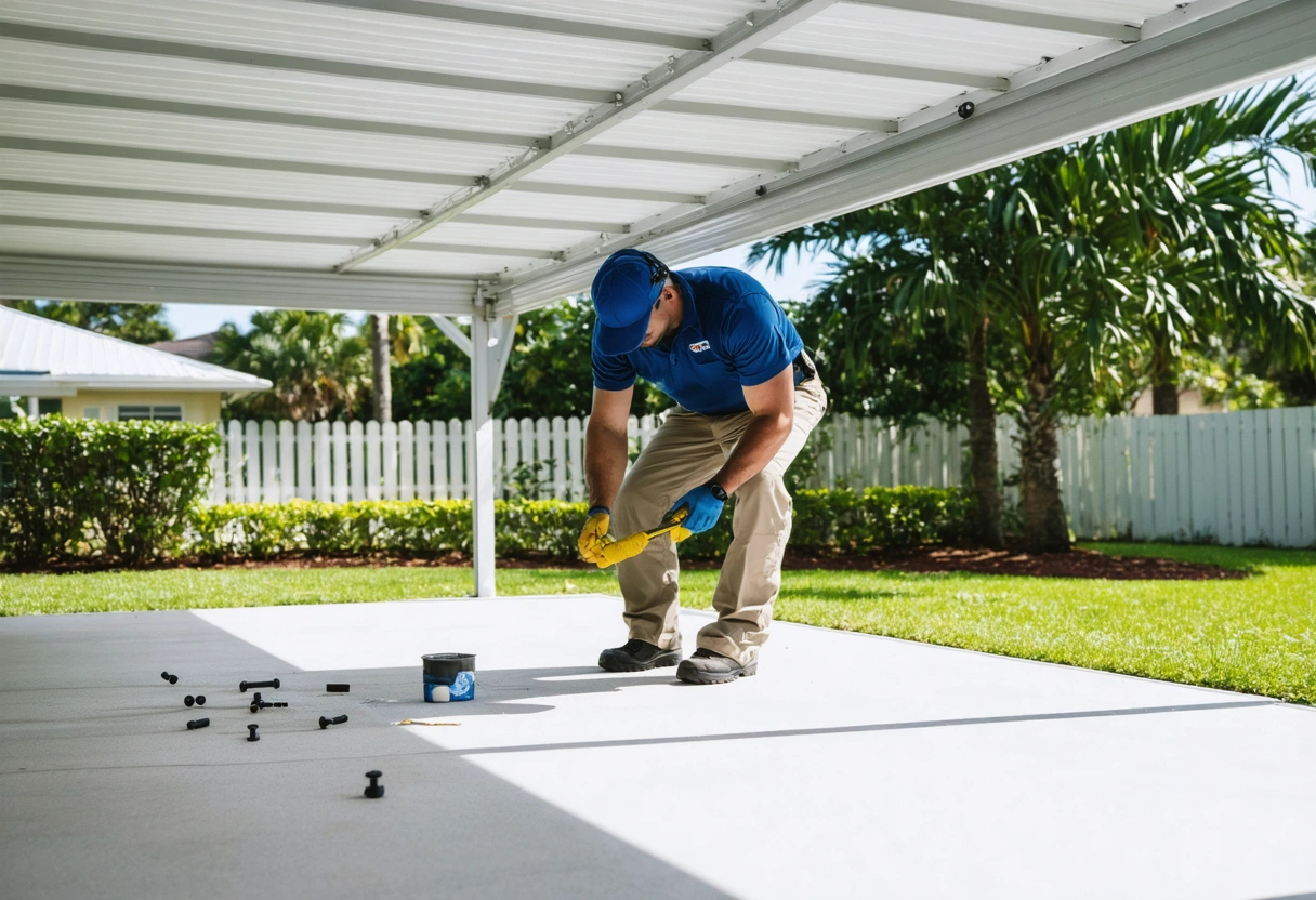A professional conducting maintenance on an aluminum enclosure, replacing screws and inspecting frames, set in