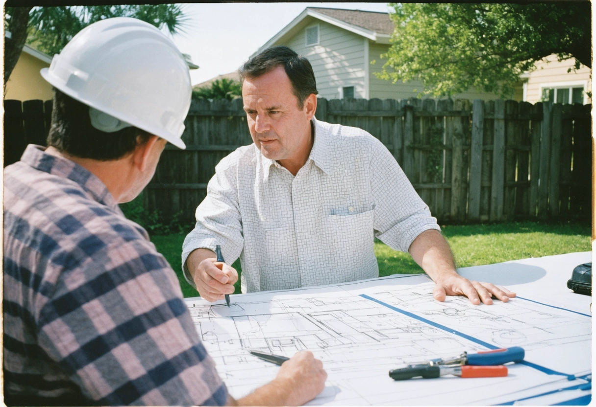 A professional contractor discussing structural repair plans with a homeowner in a Port Charlotte backyard,