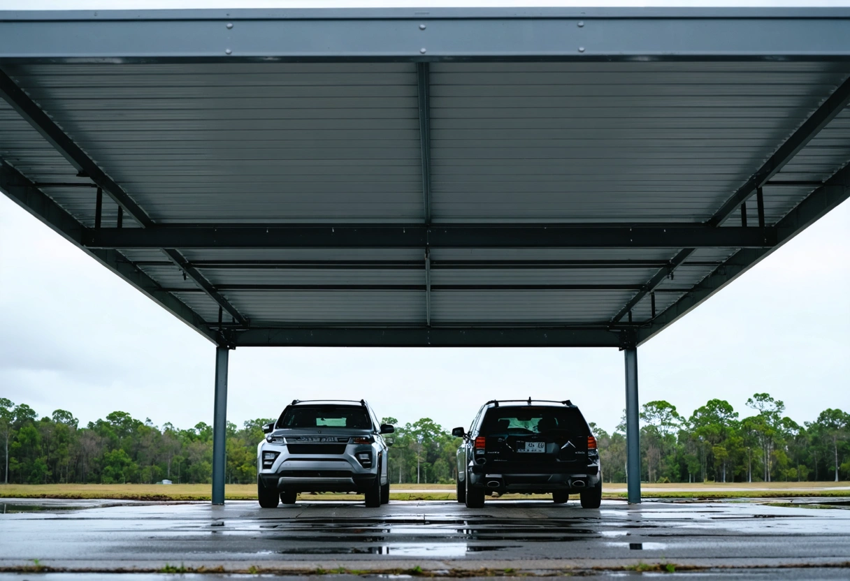 A sturdy metal carport in Deep Creek, Florida, with a steel frame. The carport withstands