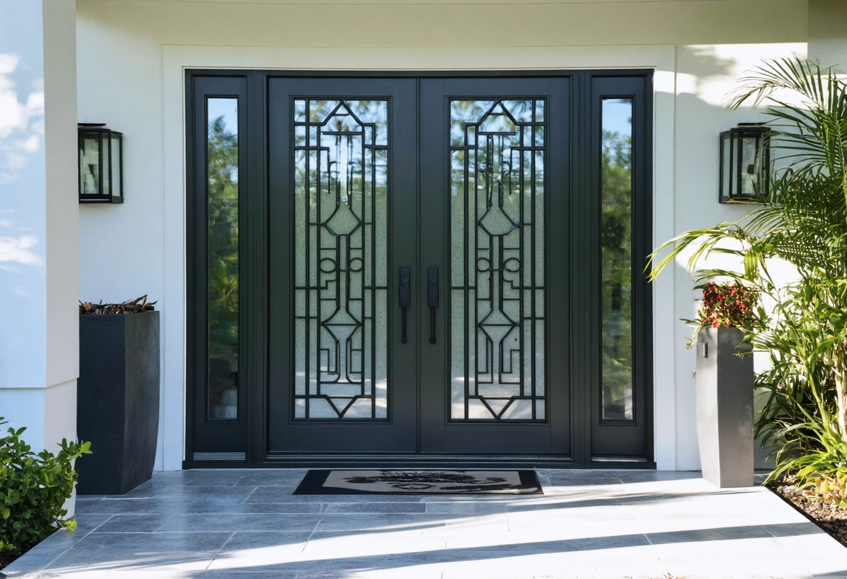 A stylish aluminum front entryway in a Boca Grande home, featuring advanced locking mechanisms and