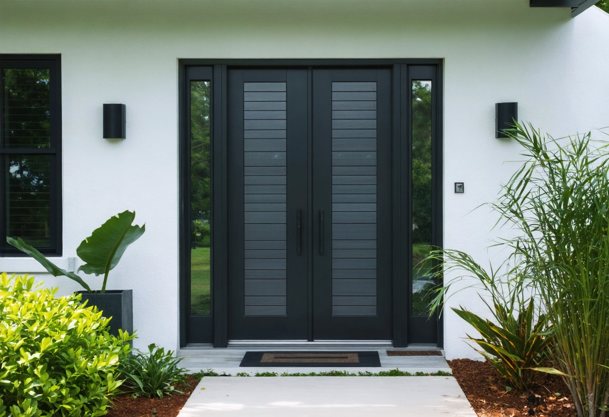 A sustainable aluminum entryway in a Boca Grande home, surrounded by eco-friendly landscaping. The door