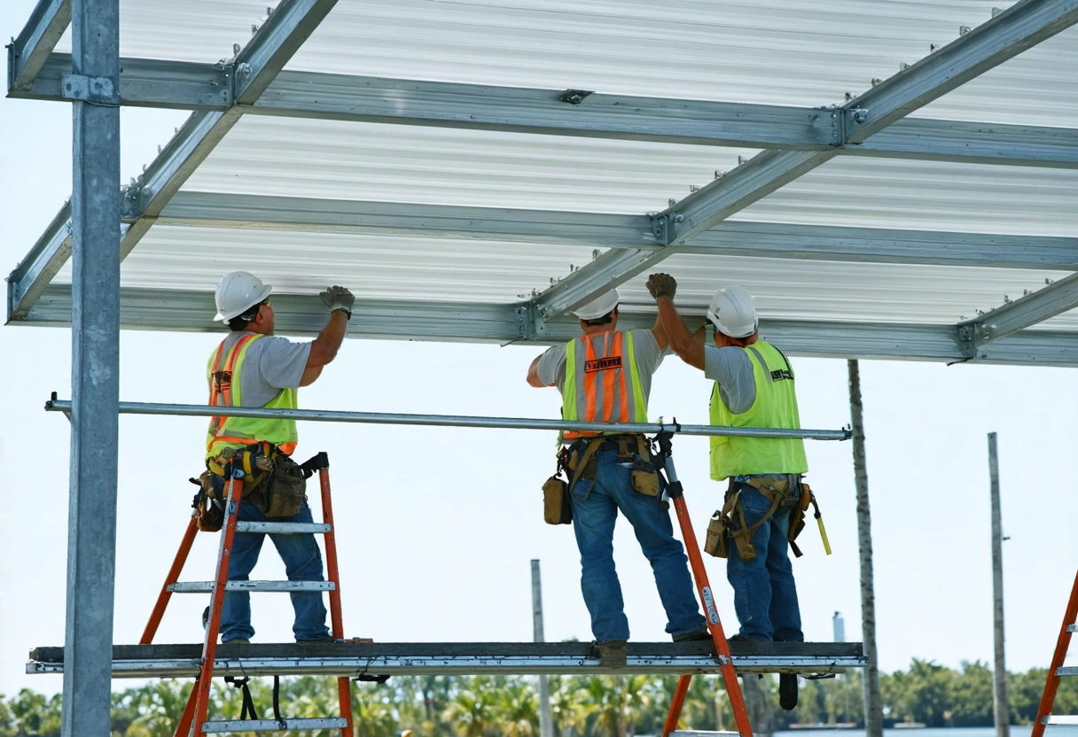 A team of workers reinforcing an aluminum enclosure with additional supports during sunny weather in
