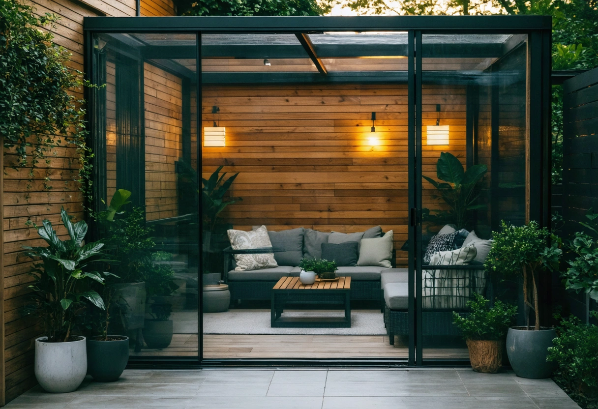Aluminum screen enclosure with furniture and plants in soft evening light