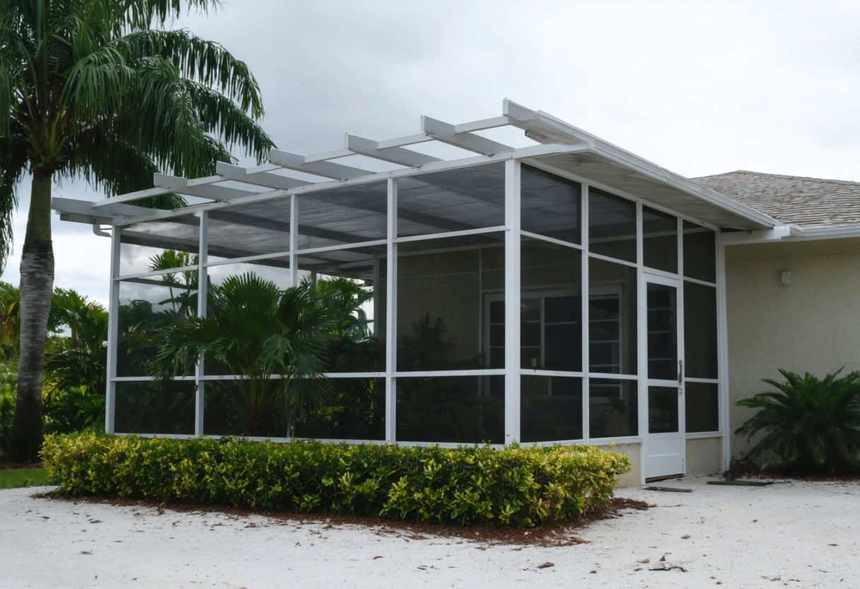 Aluminum screen enclosure with wind bracing, surrounded by tropical plants