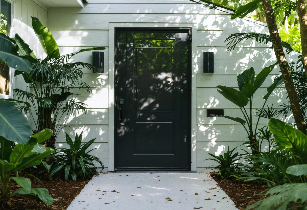 An eco-friendly aluminum door in a Boca Grande home, surrounded by lush greenery. The door