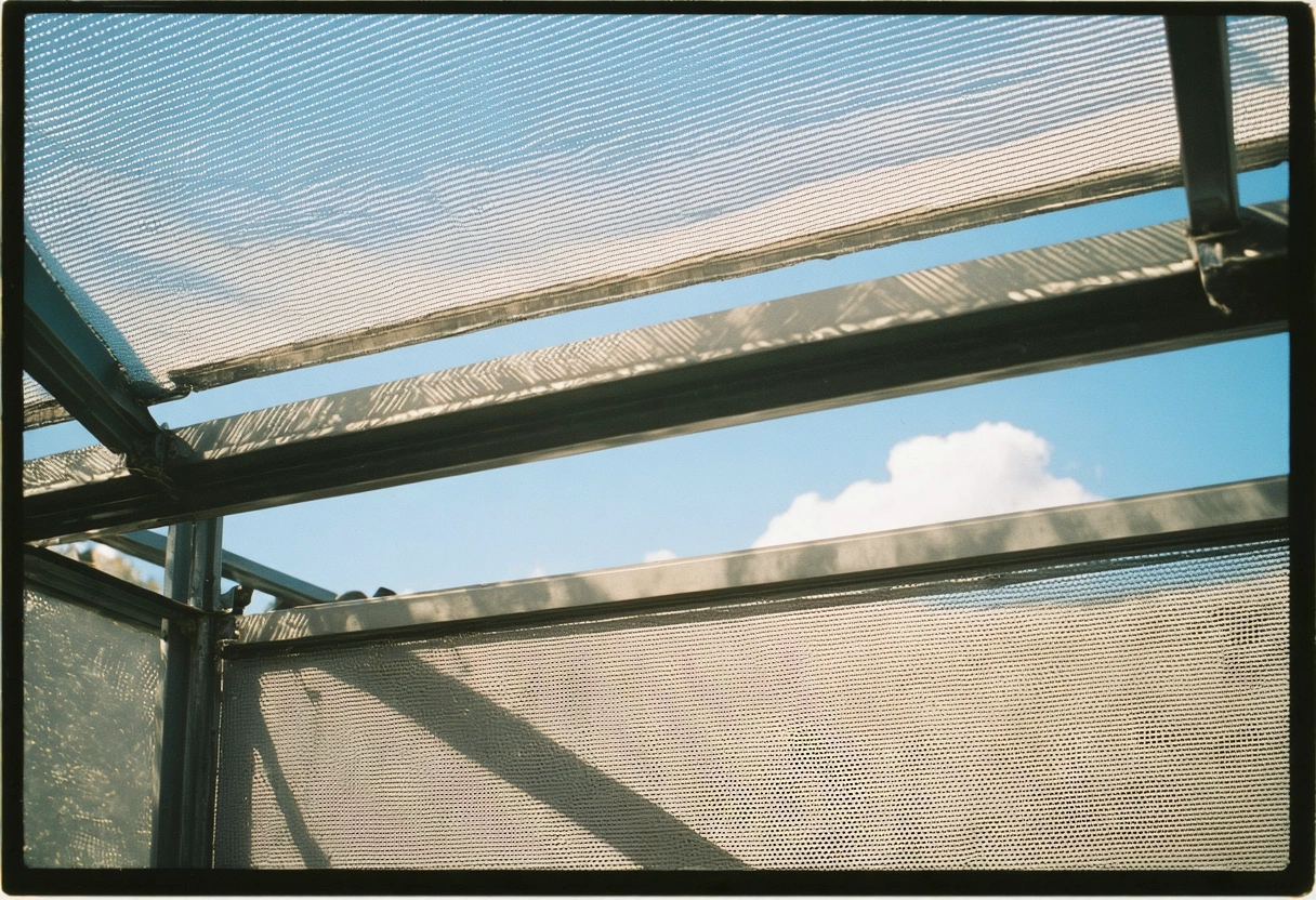 Close-up of rust-resistant aluminum screen frame under bright sunlight