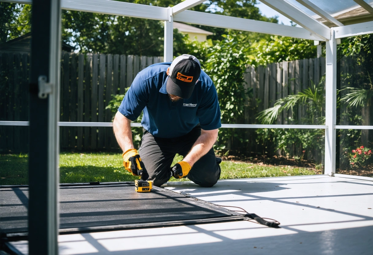 Professional inspecting aluminum screen enclosure in a sunny backyard
