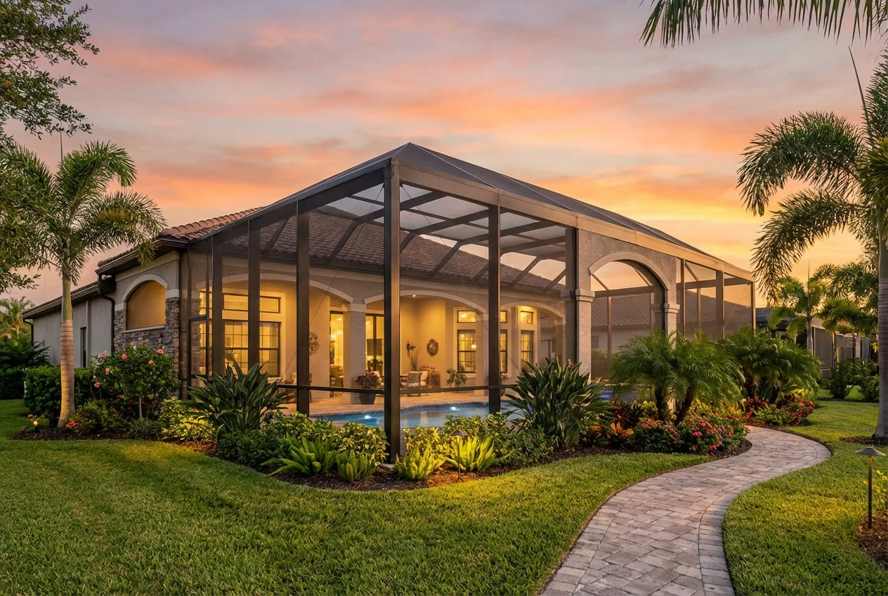 A beautiful house in North Port with a stylish aluminum pool enclosure. The enclosure adds