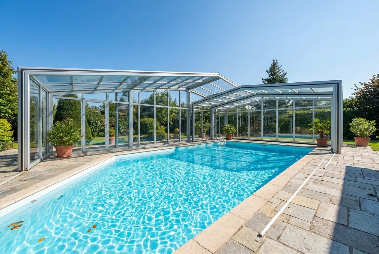 A clean, well-maintained pool with an aluminum enclosure, reducing debris and enhancing sustainability. The water