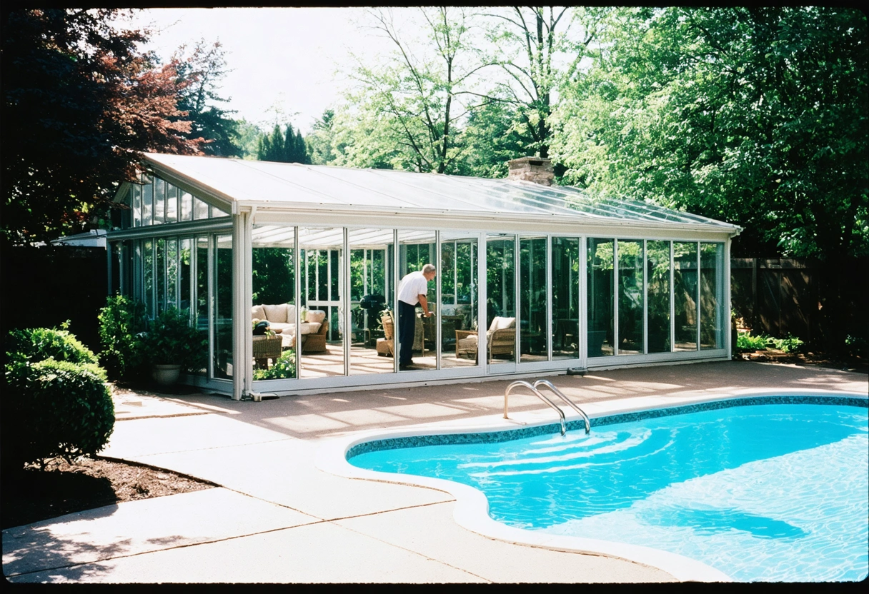 A durable aluminum pool enclosure under bright sunlight, showcasing its longevity and low maintenance. The