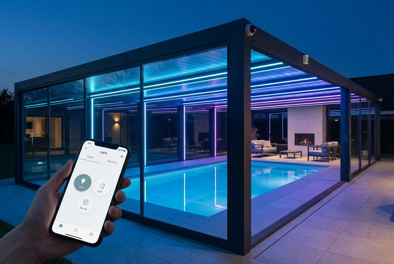 A futuristic aluminum pool enclosure with smart technology, featuring integrated lighting and security. The enclosure