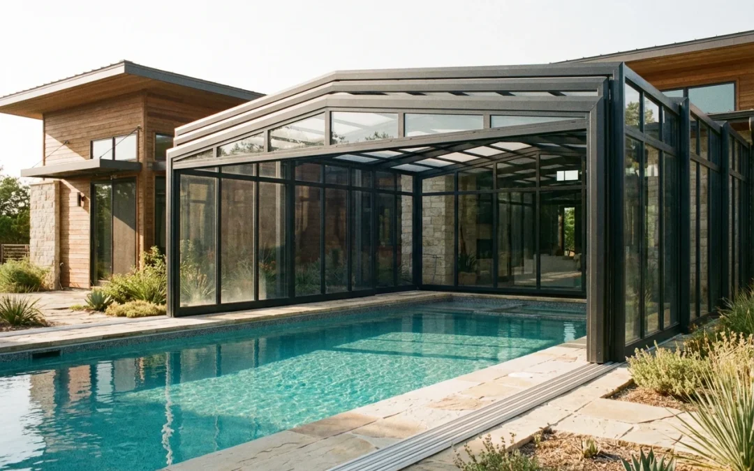 Aluminum pool enclosure with sleek lines in a sunny backyard