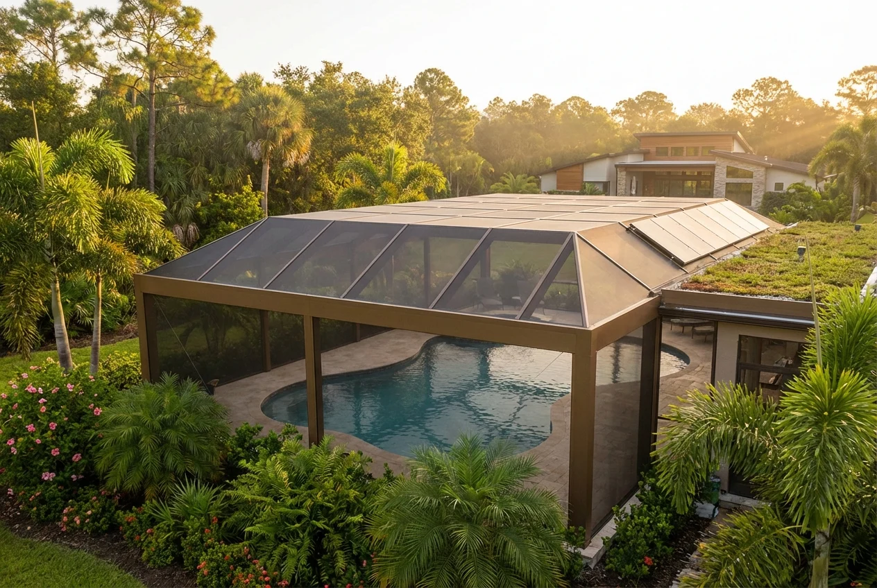 A picturesque property in North Port with a modern aluminum pool enclosure, symbolizing future trends.
