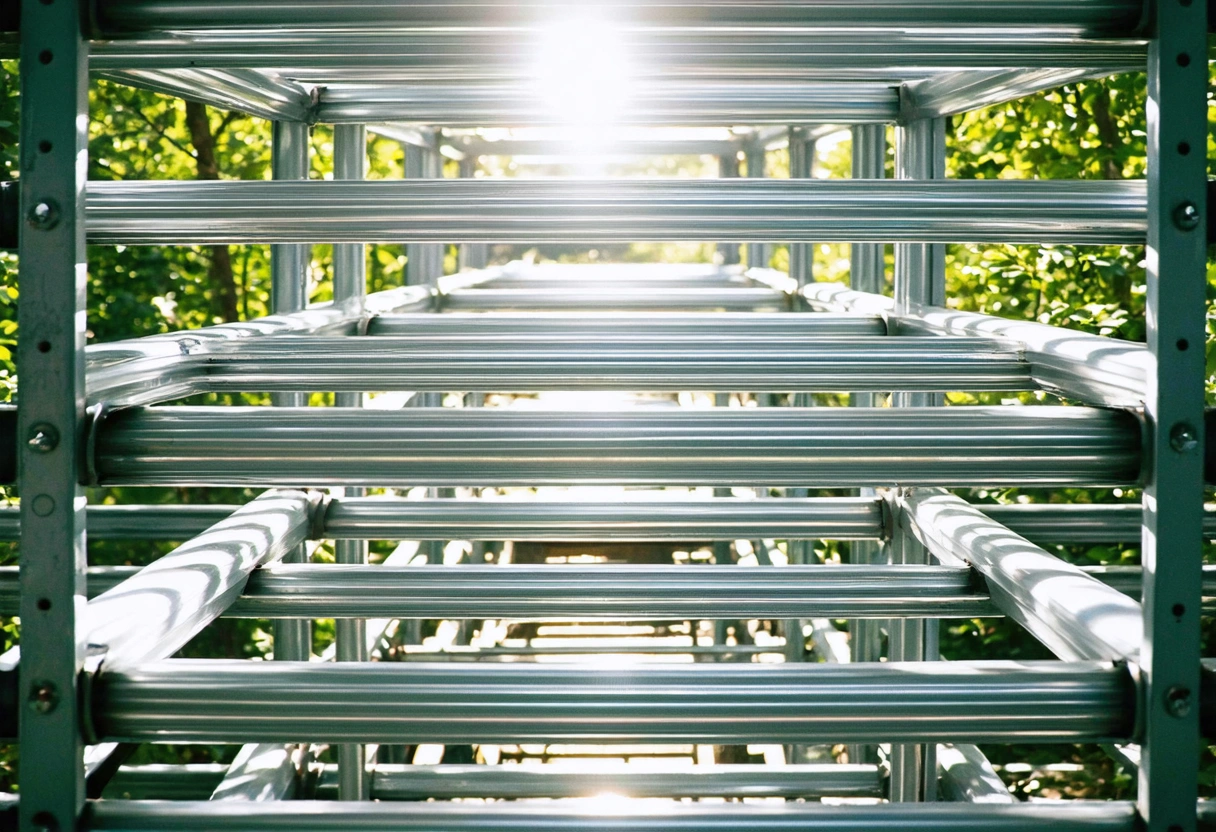 Aluminum structure with shiny new screws, sunny day, wide shot showing full structure, vibrant colors,