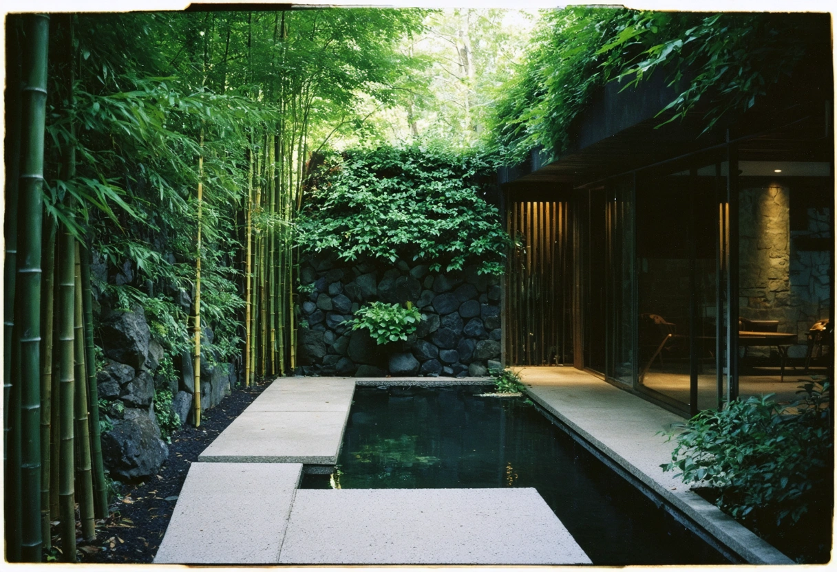 Biophilic patio with bamboo, stone, green walls, and water feature