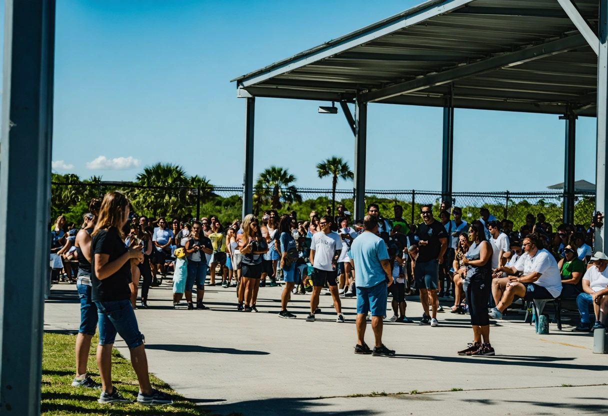 Community gathering near a well-maintained aluminum structure, sunny day, diverse group, friendly atmosphere, focus on