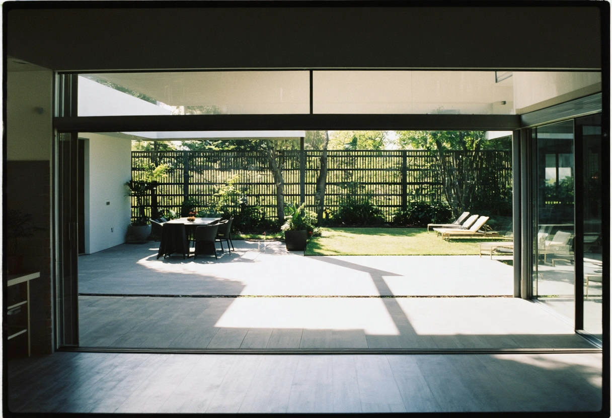 Multi-level patio with sliding glass walls, modern and spacious design
