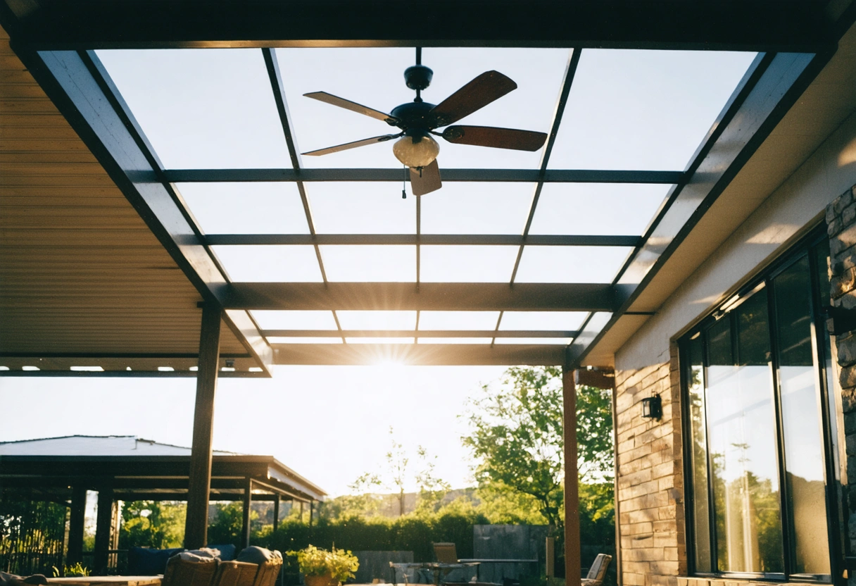 Climate-controlled patio with ceiling fans, solar design, sunny and efficient