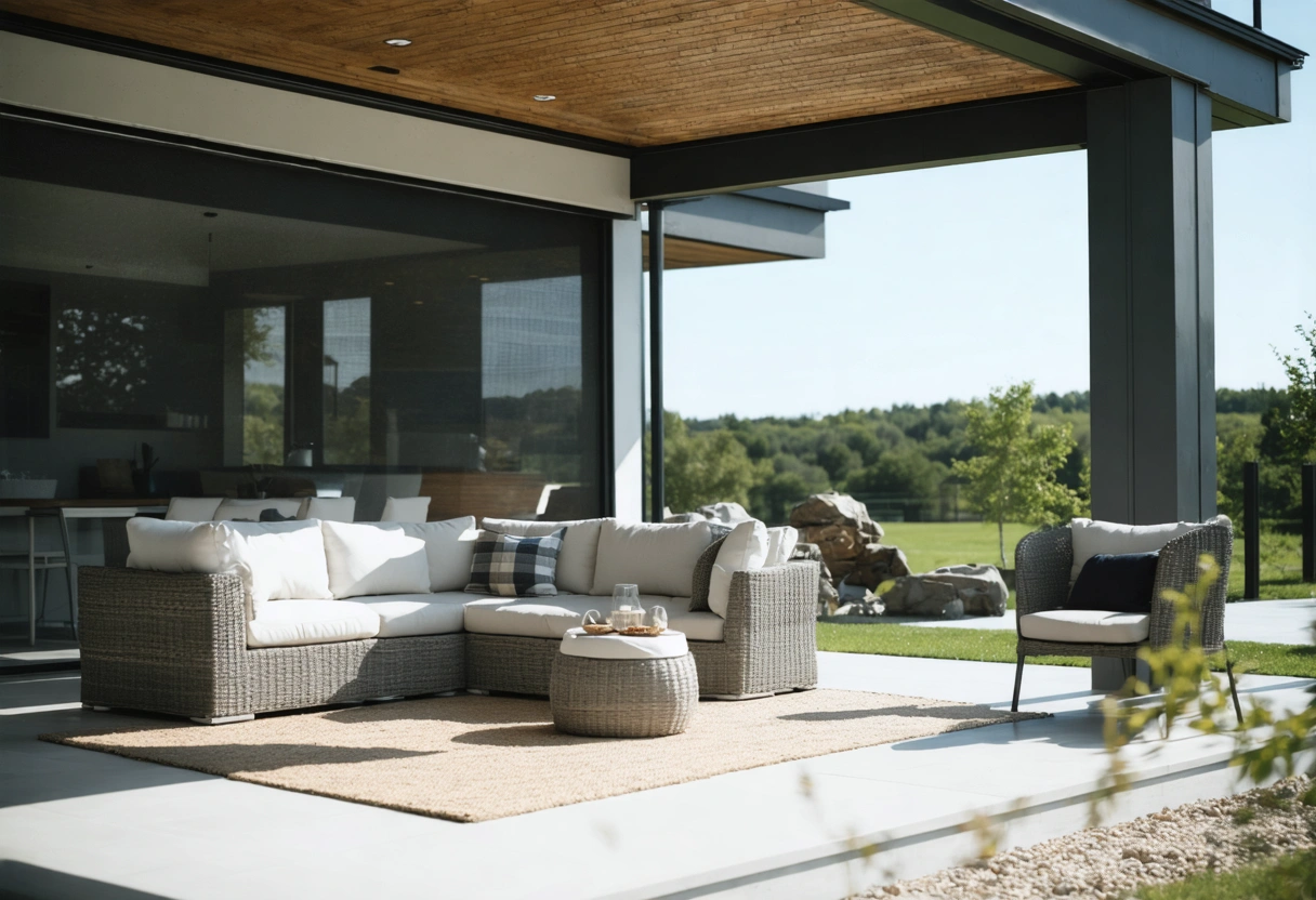 Patio with retractable screens, all-weather furniture, sunny and adaptable