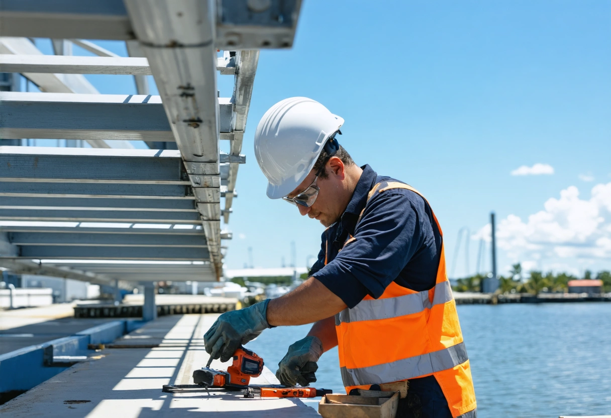 Professional worker with tools inspecting aluminum structure, focus on precision and care, sunny day, Port