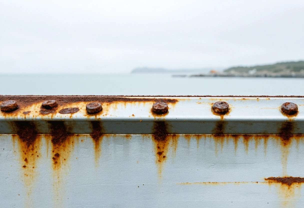 Rusty screws on a coastal aluminum structure, close-up, showing corrosion effects, overcast sky, emphasis on