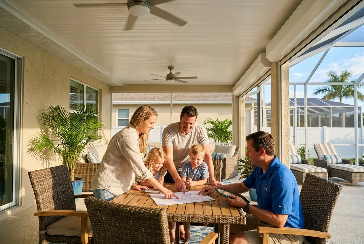 Family discussing a protected lanai living area under insulated roof panels