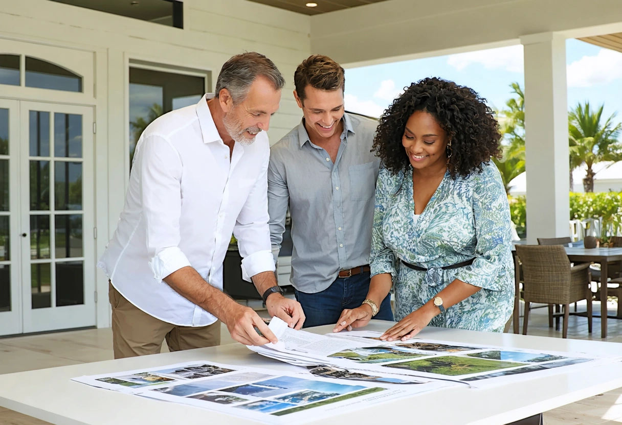 Homeowners and specialist reviewing lanai enclosure samples in a coastal showroom
