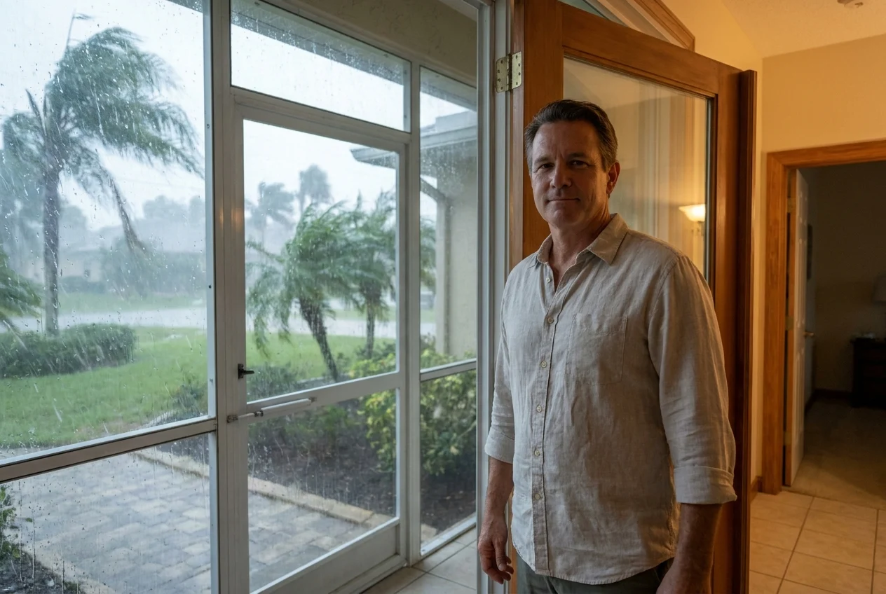 Covered porch protecting a wooden door during heavy rain