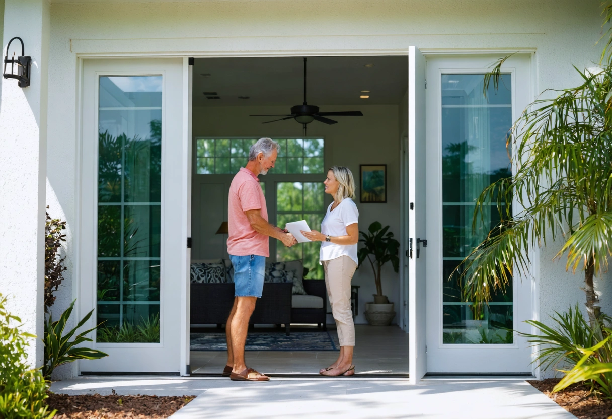 Residential doorway with awning reducing exposure to heat and weather