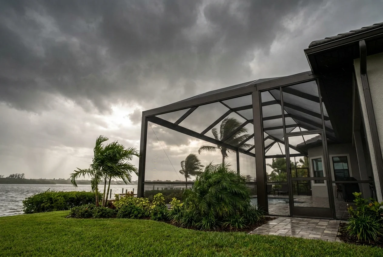 Hurricane-resistant lanai enclosure on a coastal Florida home before a storm