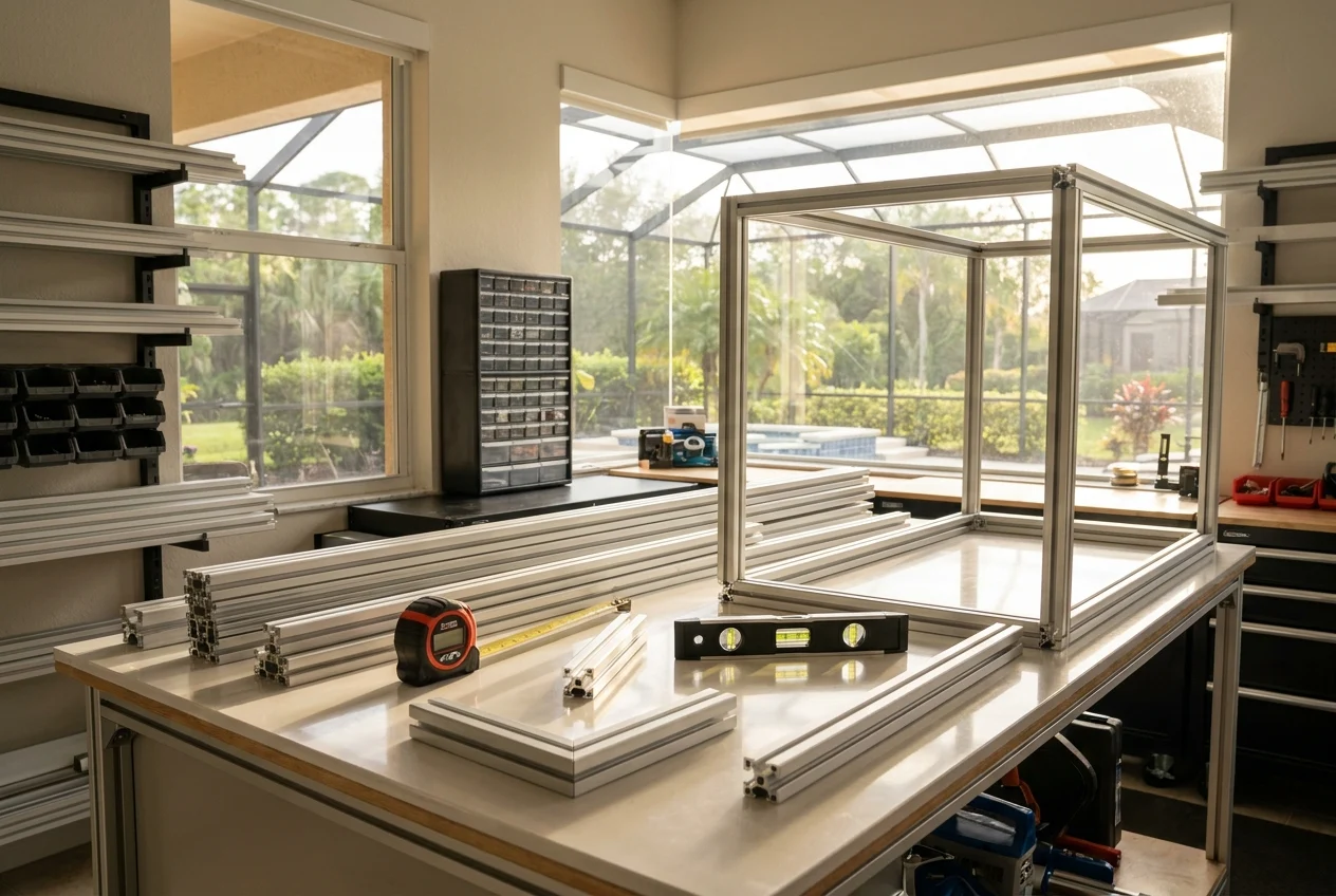 Close view of aluminum framing above a protected front entrance
