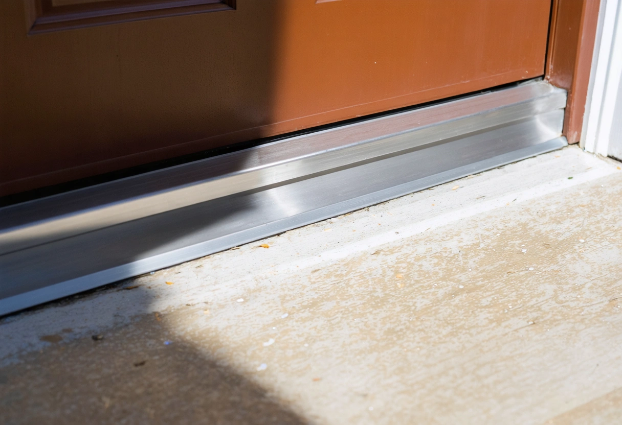 Aluminum entryway canopy shading a front door on a sunny exterior