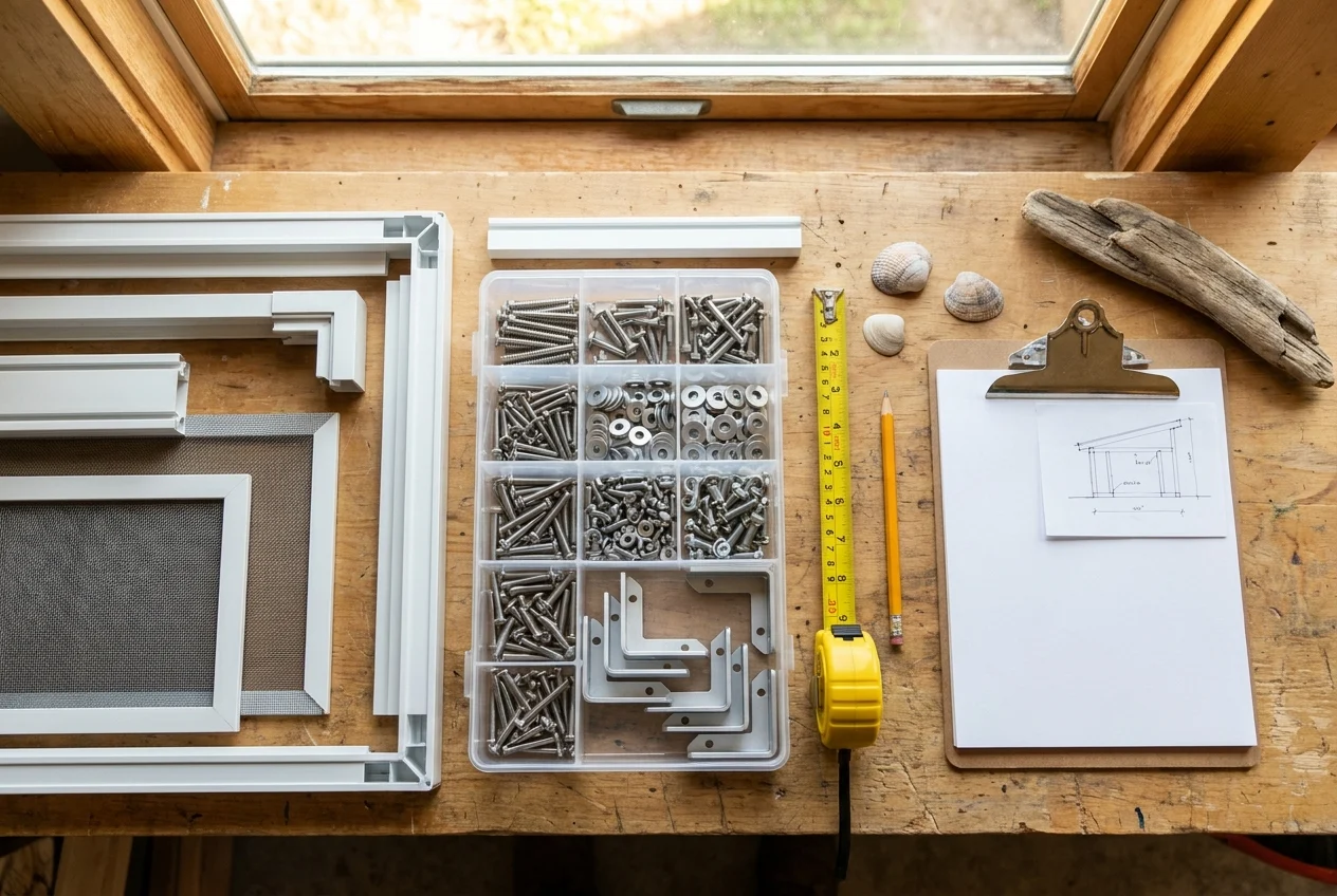 Top-down view of corrosion-resistant lanai enclosure hardware and components on a workbench